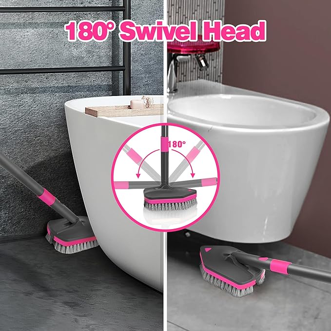 NEWE Shower Cleaner Brush Tub Tile Scrubber with Telescopic Long Handle 60 inches 4 Scrub Heads for Cleaning Bathroom Bathtub Floor Baseboard Sink Kitchen Toilet (Grey Red)