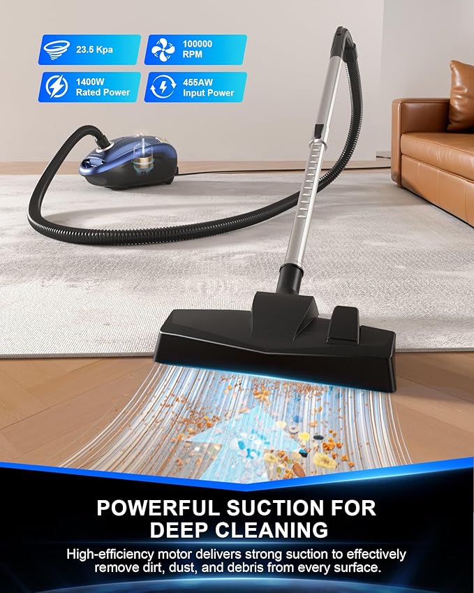 Bagged Canister Vacuum Cleaner1400W Powerful High-Suction Bagged Canister Vac with 3.7QT Dust BagsPop-N-Go BrushHEPA FilterDual Motors&amp4 Cleaning ToolsPerfect for Low-Pile Carpets&ampHard Fl
