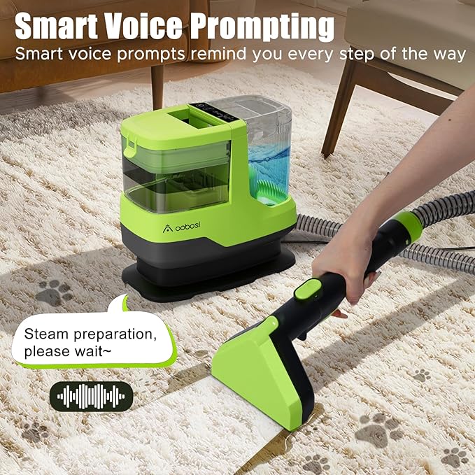 AAOBOSI Portable Carpet Cleaner Machine 17Kpa Upholstery Steam Cleaner with Smart Voice Prompting Self-cleaning 4 Tools for Pets Car Couch and Stairs- C688 Green