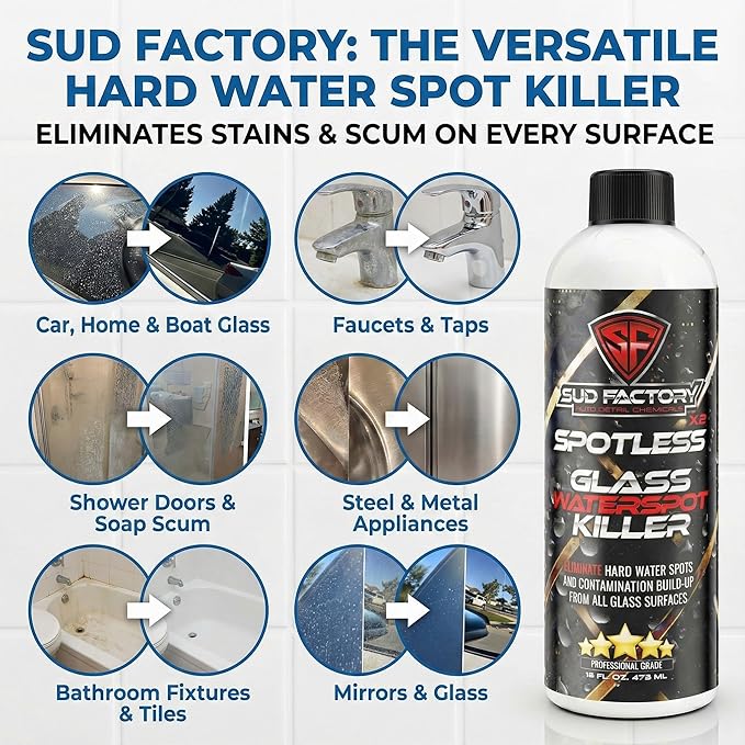 Sud Factory Hard Water Spot Remover for Glass Spotless X2 - Removes Water Stains from Shower Doors Car Windows Windshields - Professional Strength 16oz
