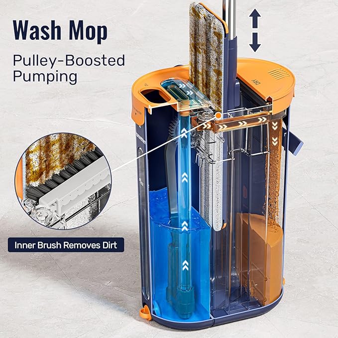 Mop and Bucket Set with Wringer 3-Tank Flat Mop and Bucket System Wall Mop Cleaner with Long Handle Hands Free Mops for Floor Cleaning with 4 Microfiber Pads