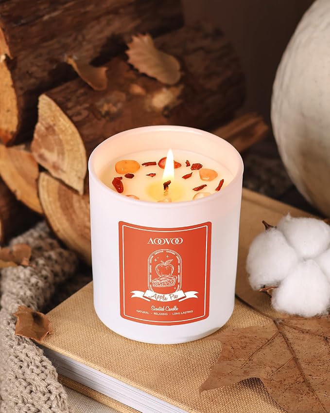 AOOVOO Apple Pie Scented Candles for Women - Aromatherapy Candle with Crystals Inside 10oz Soy Candles for Home Scented Birthday Gifts Valentines Day Candle for Women Mom
