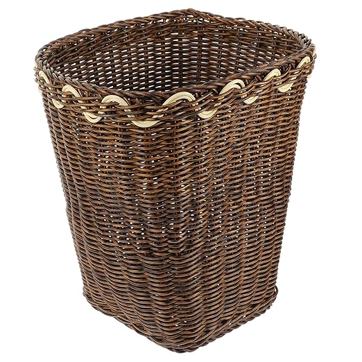 TEHAUX Woven Trash Basket Pastoral Style Garbage Bin for Bathroom Natural Plastic Wastebasket Decorative Woven Container for Office and Home Use
