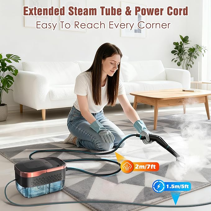 Steam Cleaner 4 Bar High Pressure Steamer with 6-Level Adjustable 15s Heat-Up 42.7oz Large Tank 7ft Extended Hose 18 pcs Accessories Portable Steam Cleaner for Home Car Tile Grout Grease