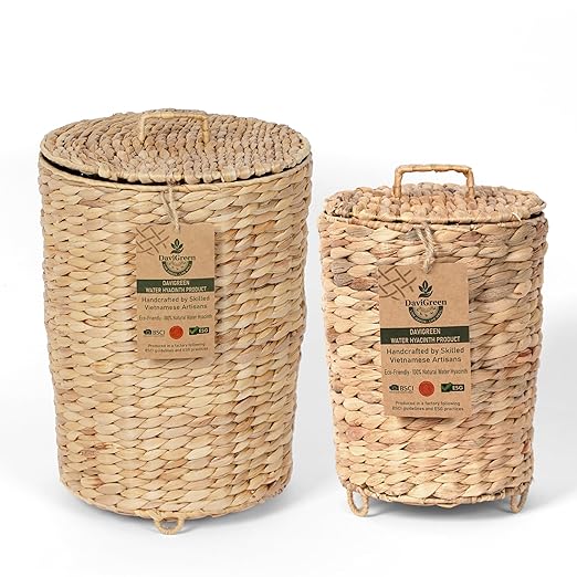 Handwoven Water Hyacinth Trash Can Set (2-Pack) 1.4 &amp 2.9 Gallon Wicker Trash Bins with Lid Removable Liner &amp Raised Feet for Bathroom Bedroom Office &amp Small Spaces