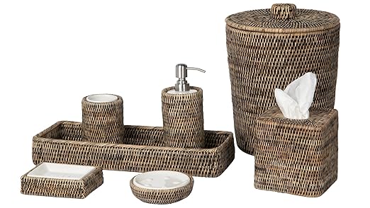 Kouboo La Jolla Rattan Round Waste Basket with Lid &amp Plastic Insert Black Wash