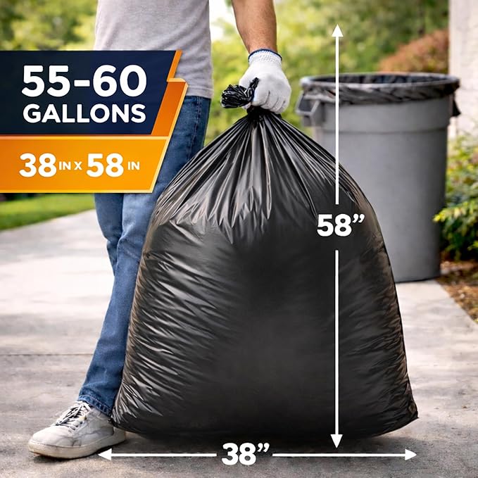 Cavero 55-60 Gallon Heavy Duty 200 Count Trash Bags | American Made Black Can Liners 17 Micron Large Tough Garbage Bags (38 x 58) Value Size Multi-Purpose for Home Office Commercial Industrial