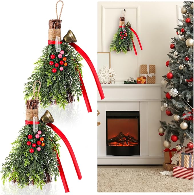Jenaai 2 Pcs Yule Decorative Broom 6.7 Inch Pagan Christmas Decor Mini Witch Broom Handmade Pagan Broomstick with Crystal Holly Berry Jingle Bell Xmas Hanging Decor for Altar Door Protection Gift