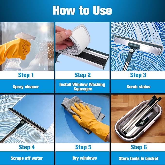 XANGNIER Window Cleaning Kit Tool with Storage BucketWindow Washing Kit with Extension PoleProfessional Windows Washer Cleaner Squeegee KitsCommercial&ampHousehold UseIndoor&ampOutdoor High Wind