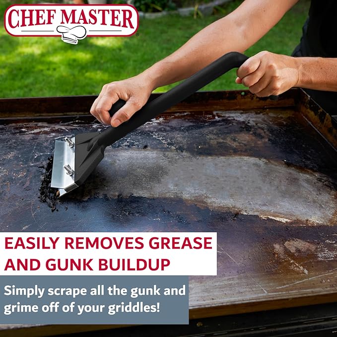 Chef Master Griddle Scraper Cleaning Kit Combo - Flat Top Grill Cleaner w/Replacement Blade &amp Scrubber - Griddle Cleaning Kit - Long Handle Stainless Steel Flat Grill Scraper - 90254