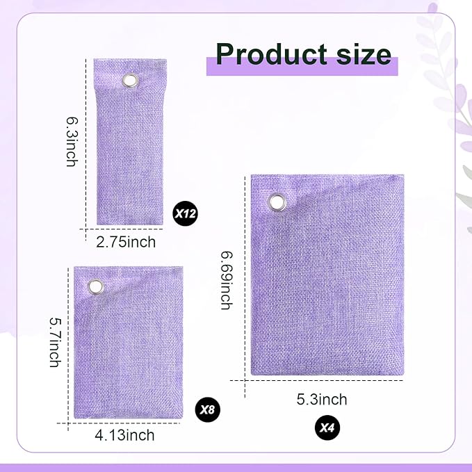 Nuanchu 24 Pcs Activated Charcoal Odor Absorber 50g/100g/200g Air Purifying Bamboo Charcoal Bags Natural Shoe Odor Absorber Deodorizer Absorbers for Fresh Car Home Closet Pet Basement Smell(Purple)