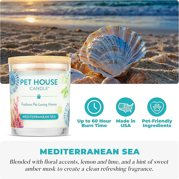Pet House Scented Candles 100% Plant-Based Long Lasting Candle with a 60 Hour Burn Time Made for Pet Odors - Mediterranean Sea