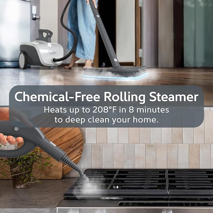 Pure Enrichment PureClean XL Rolling Steam Cleaner – Professional 1.5L Multi-Purpose Heavy Duty Steamer 17 Accessories Chemical-Free Deep Cleaning of Floors Upholstery Windows Grout Cars &amp M