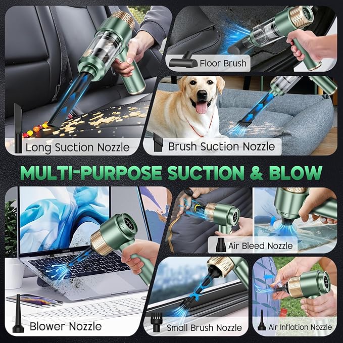 JONYJ Handheld Car Vacuum Cleaner 16000PA Hand Held Vacuum Portable Cordless 2 in 1 Air Duster and Vacuum Cleaner with LED Light Multi-Nozzles 120W High Power Mini Vacuum for Home Pet Office