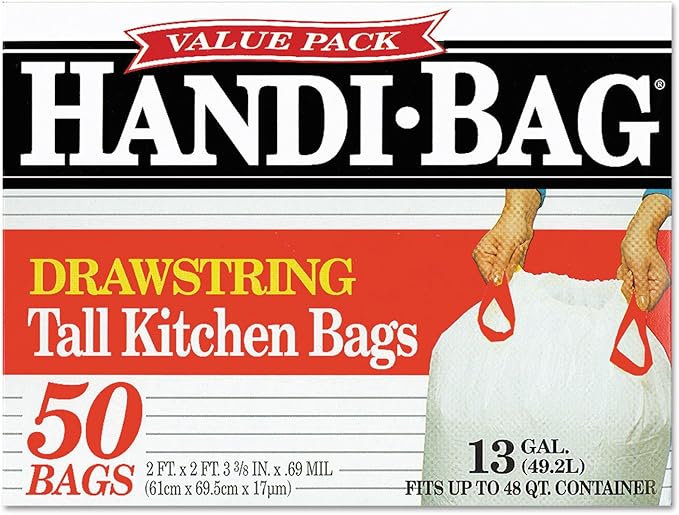 Handi-Bag HAB6DK50 Drawstring Kitchen Bags 13gal 0.6mil 24 x 27 3/8 White 50/Box