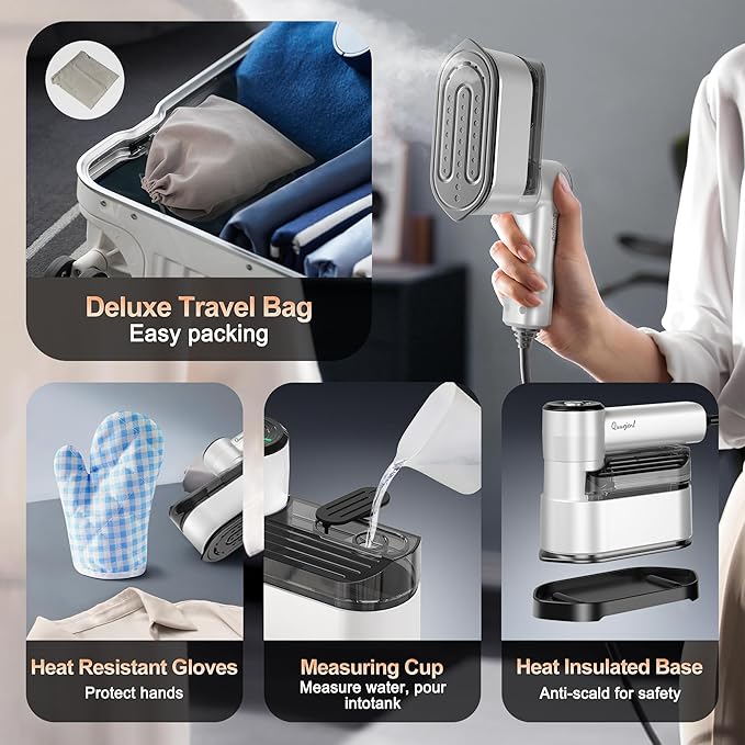 Travel Steamer for Clothes Small Iron - 1000W Portable Steamer &amp Mini Iron10s Fast Heat Handheld Mini Steamer with 8FT Cord Foldable Handle Travel College Dorm &amp Home Essentials (White)