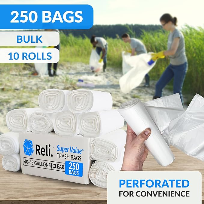 Reli. 40 to 45 Gallon Trash Bags Heavy Duty | 250 Trash Bags | Super Sizeable Clear Garbage for Serious Cleanup