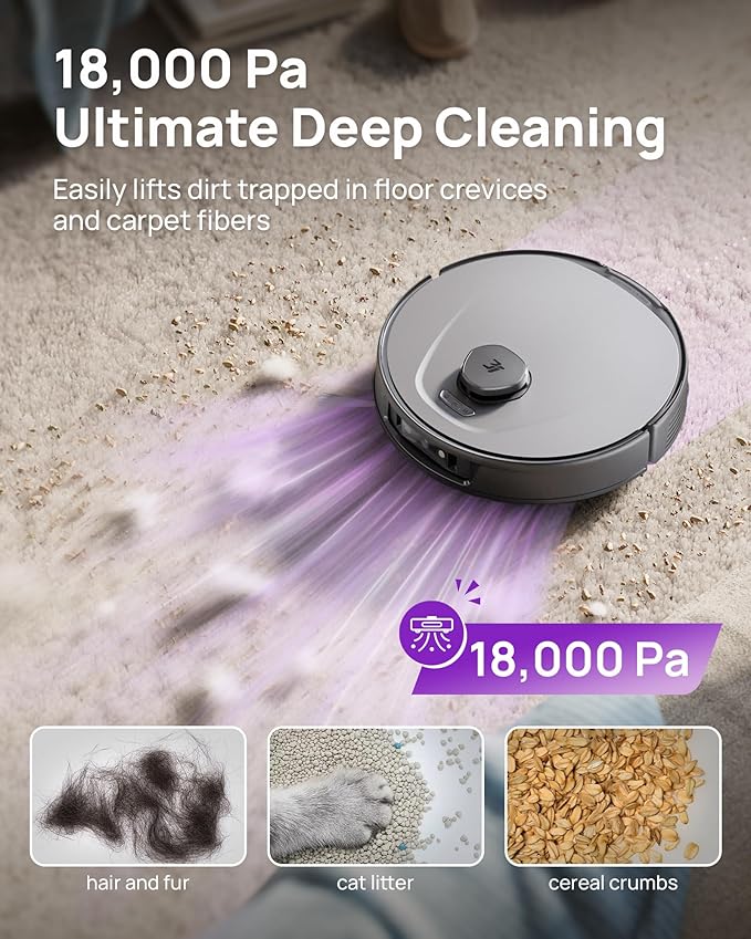 3i P10 Ultra Robot Vacuum and Mop Combo 18000 Pa Suction Self-Emptying Auto-Extending Edge Mopping 140℉ Hot-Water Self-Cleaning LiDAR Navigation Automatic TangleCut for Pet Hair 4 Carpet Modes