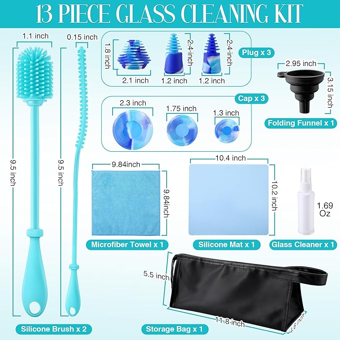 Glass Cleaning Kit - Reusable Silicone Accessories - Complete Kit to Clean your Piece Just Add Cleaner - Reusable Soaker Bag Brushes Mat Caps &amp Plugs Funnel &amp Microfiber Towel (12pc)