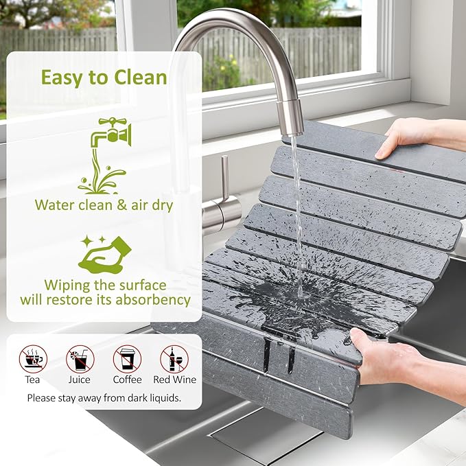Large Stone Dish Drying Mat for Kitchen Counter 24(L)×16(W) Collapsible Quick Dry Stone Dish Mats Super Absorbent Diatomaceous Earth Drying Pad for Dishes Bottles Cups Countertops (Light Grey)