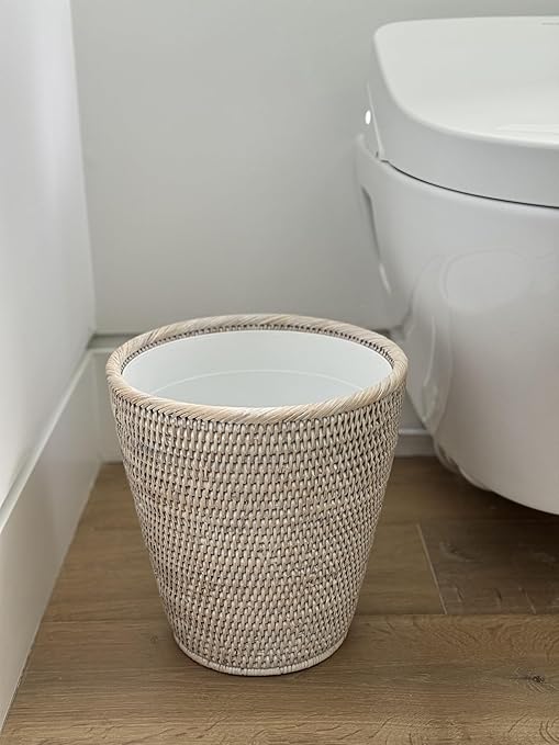 KOUBOO La Jolla Rattan Wastebasket with Plastic Insert Handmade Trash Can Small Wastebasket Bedroom Bathroom Vanity RV Dorm White Wash