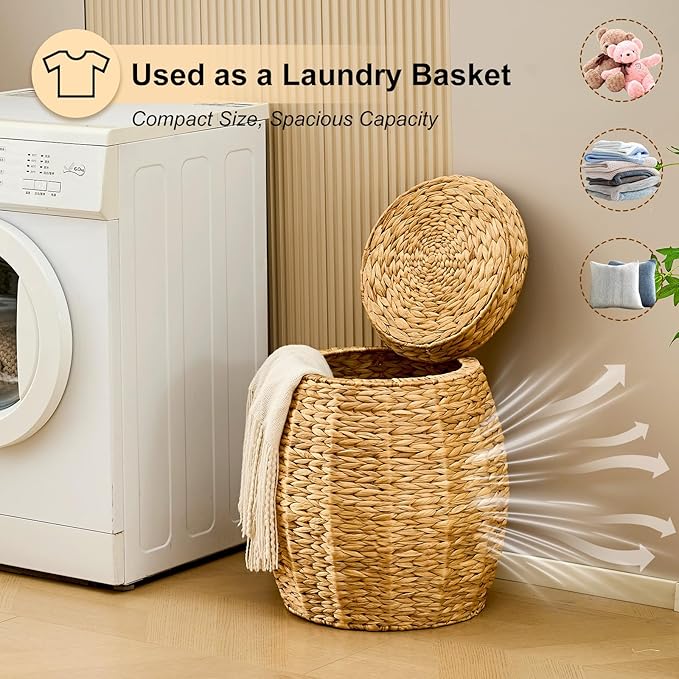 Round Wicker Basket with Lid Handwoven Water Hyacinth Storage Basket Blanket Organizer Basket for Laundry Bathroom Bedroom Living Room Office