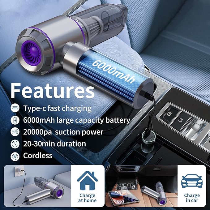 Car Vacuum Cleaner High Power 20000Pa – Cordless Handheld Mini Vacuum &amp Air Duster for Car &amp Desk Home Office &amp Camping Ideal Gift for Men &amp Women 6000mAh Battery