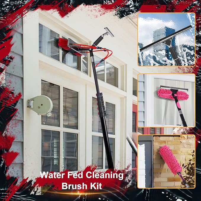 24FT Solar Panel Cleaning Brush &amp Squeegee Kit Proffesional Window Washing Tool 22in Wide Brush &amp 2 Dusting Brush Water Fed Pole Extendable Telescopic Pole for Roof Mounted Solar Panels