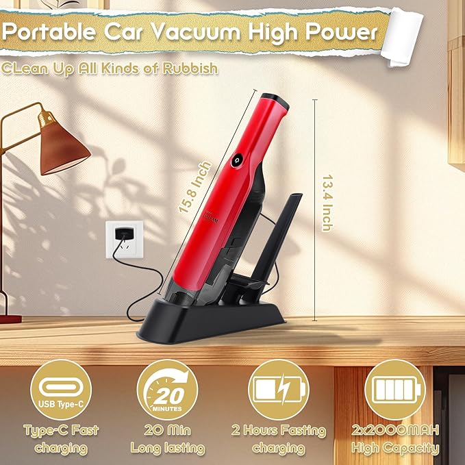 Handheld Vacuum Cordless15KPA High Power SuctionUSB Quick ChargeCar Vacuum Cleaner with Storage DockLightweight Rechargeable Dust Buster with Crevice Tool Pet Brush Hand Vac for HomeRed