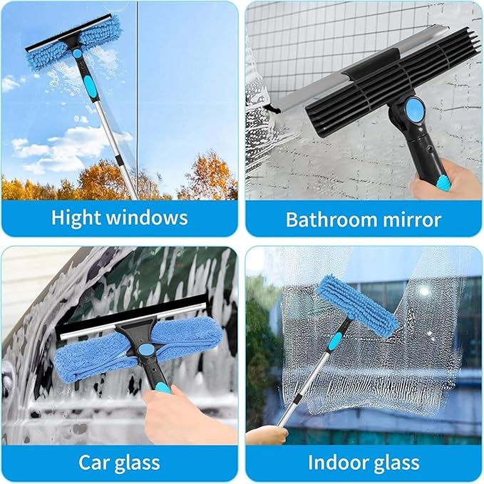 Double-Sided Window Cleaning Tool for Glass Surfaces High-Rise Reach Scraper with Stainless Steel Blade Ergonomic Handle for Easy Use 41 x 14 x 6 cm Silver and Blue(D)