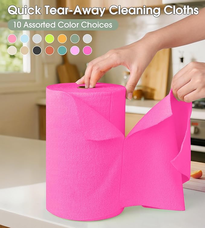 KitchLife Microfiber Cleaning Cloth Roll 100 Pack - Tear-Away Microfiber Paper Towels Lint-Free Reusable Washable for Kitchen Car Dishes and Sensitive Surfaces (Hot Pink)