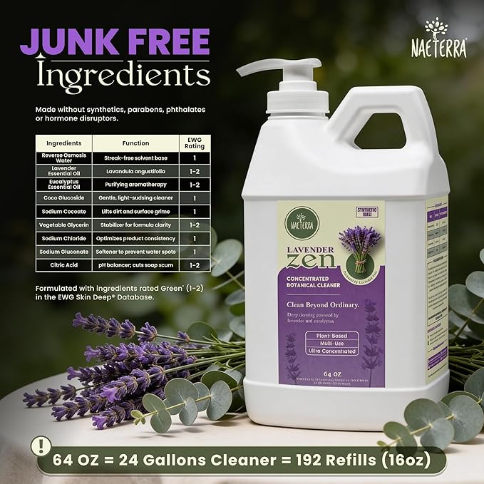 Naeterra Lavender Zen All-Purpose Cleaning Concentrate Kit – 64 oz Jug Makes 24 Gallons | Includes 16 oz Amber Glass Spray Bottle | Plant-Based Essential Oil Scented EWG Green-Rated Ingredients