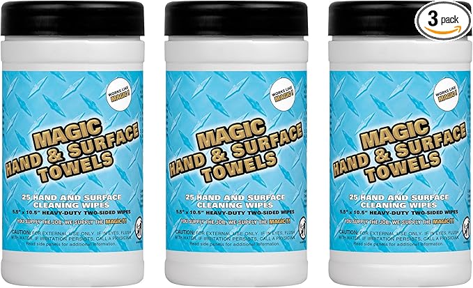 Magic Heavy Duty Cleaning Wipes - Dual Sided Hand &amp Surface Shop Towels | Professional-grade Cleaning | Waterless | Moisturizing | Cleans Grease Oil Dirt &amp more (3 Pack | 75 Sheets Total)