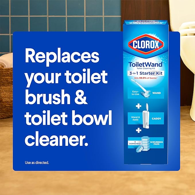 Clorox ToiletWand Disposable Toilet Cleaning System Spring Cleaning Essential ToiletWand Storage Caddy and 16 Disinfecting ToiletWand Scrubbing Pad Refills