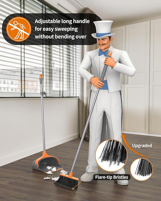 MR.SIGA Broom and Dustpan Set with Long Handle Stand Upright Broom with Dustpan Combo for Cleaning Office Garage Lobby Lightweight Sweeping Set 51.7(131 cm) Long Handle Gray &amp Orange
