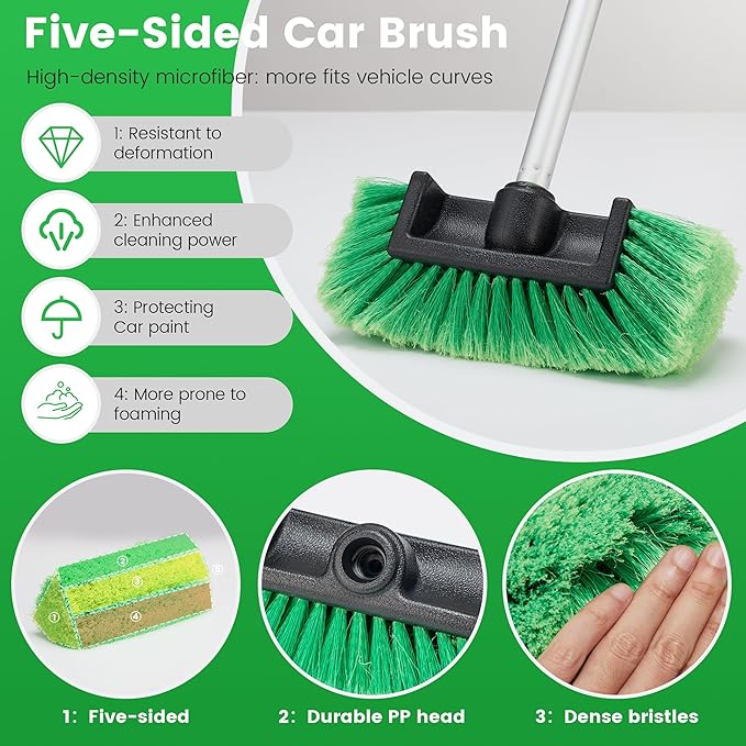 Car Wash Brush with Long Handle 60'' Soft Bristle Cleaning Brush Car Cleaning Brushes Carwash Brushes for SUV RV Boat Truck House Siding Sweep Snow Green