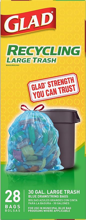Glad Trash Bags Large Drawstring Garbage Bags 30 Gallon Blue Trash Bags for Large Kitchen Trash Can or Recycling 28 Count - Packaging May Vary