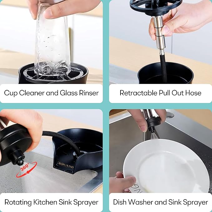 2-in-1 Glass Rinser &amp Sink Sprayer Attachment – High Pressure Cup Washer for Kitchen Sink – Matte Black Bottle Cleaner -Stainless Steel Cup Cleaner (Fits Standard Counter Holes)