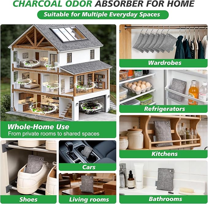 Activated Charcoal Bags Air Purifying 15 Pack Bamboo Charcoal Odor Absorber for Home Closet Car Shoes 70g Gray Natural Odor Neutralizer Moisture Absorber Reusable up to 2 Years 6 Hooks