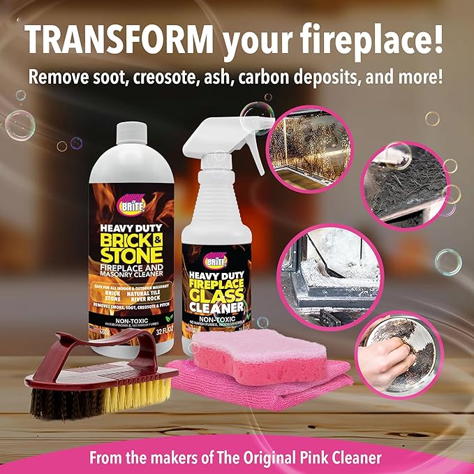 Quick 'n Brite Fireplace Cleaning Kit – Includes 16 oz Fireplace Glass Cleaner 32 oz Gel Fireplace Cleaner Scrub Brush Sponge and Microfiber Towel