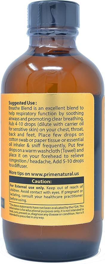 Prime Natural Breathe Essential Oil Blend 4oz - Pure Undiluted Therapeutic Grade for Aromatherapy Scents &amp Diffuser - Sinus Relief Allergy Congestion Cold Cough Headache