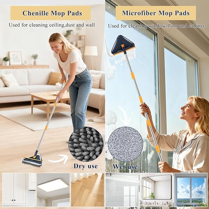 5 in 1 Wall Cleaner Mop 78 Inch Base Board Cleaner Tool with Long Handle 360° Wall Washing Tool for Ceiling Floor and Window Cleaning with 3 Microfiber &amp 3 Chenille Pads