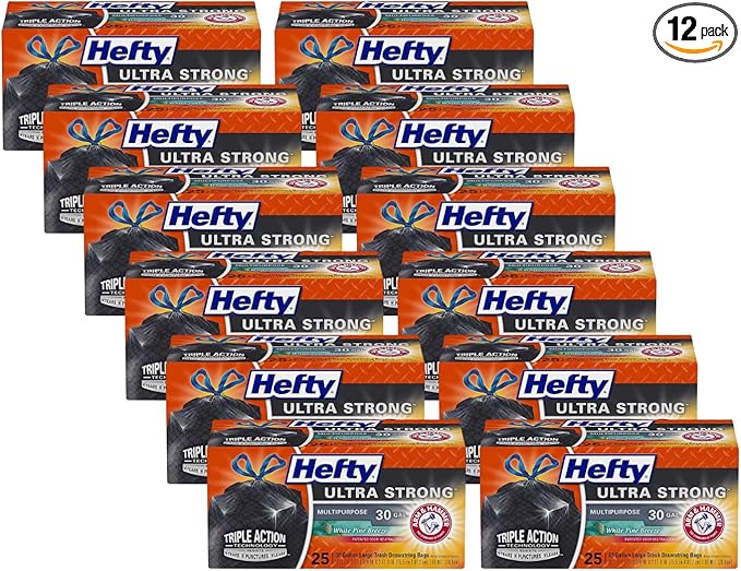 Hefty Ultra Strong Multipurpose Trash Bags Black Large Flexible Bags with Drawstring White Pine Breeze Scent 30 Gallon Bags 25 CT Bags Per Pack (Pack of 12)