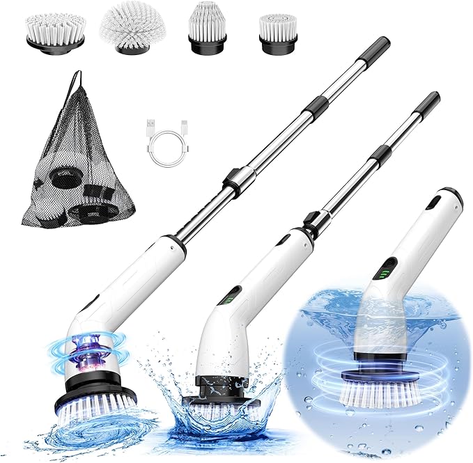 Electric Spin Scrubber Full-Body IPX7 Waterproof Cordless Shower Scrubber with 4 Replaceable Heads Upgraded Extension Handle 2H Work Time 2 Speeds for Bathroom Shower Tile Glass