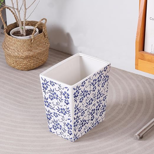 Blue and White Floral Ceramic Trash Can – 2.5 Gallon Small Bathroom &amp Kitchen Garbage Bin Decorative Waste Basket for Bedroom Office Hotel – Elegant Floral Design Heavy Duty (9 Liter Gift Ide