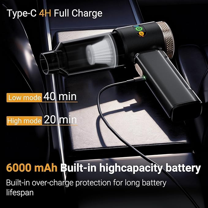 Car Vacuum Portable Cordless 18000PA High Power Handheld Vacuum Cleaner Mini Cordless Rechargeable Vacuum with LED Light and Multi-Nozzles for Car Home Office Keyboard Pet (Black Gold)