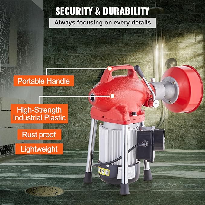 VEVOR Drain Cleaner Machine 120FT x 5/8 Inch 370W Electric Sewer Snake Auger Manual Feed - with 2 Sectional Steel Cables(120' x 5/8 and 23' x 3/8) 7 Cutters and CW/CCW Control for 1.6 to 4 Pipes