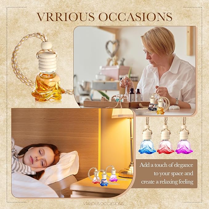 BBTO 50 Pcs Hanging Car Air Freshener Diffuser Bottles Empty Glass Perfume Bottle Pendant for Essential Oil (Colorful Rose)