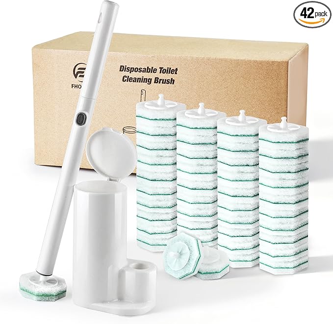 Disposable Toilet Brush with 42 Wand Refills Wall Mounted Toilet Brush and Holder Set - Effortless Disposable Toilet Bowl Cleaner Wand (Rainforest Scent)