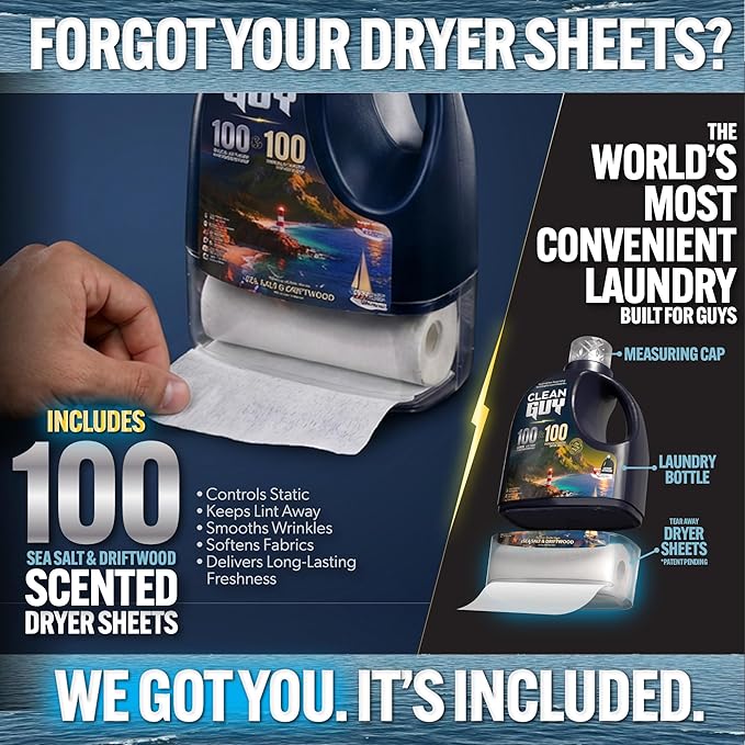 Laundry Detergent with Dryer Sheets | Ocean Fresh Scent Deep Clean Formula Softens &amp Freshens Clothes Long-Lasting Freshness -Sea salt &amp Driftwood (100 Loads PLUS 100 Dryer Sheets)